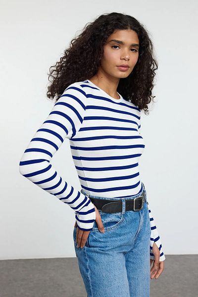 Trendyol Collection Saks Striped Viscose/Soft Fabric Finger Snap Detailed Stretchy Knitted Blouse Twoaw25Bz00014