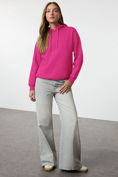 Trendyol Collection Φούξια Oversize Mold Πλεκτό φούτερ με κουκούλα από φλις χοντρό εσωτερικό TWOAW25SW00146