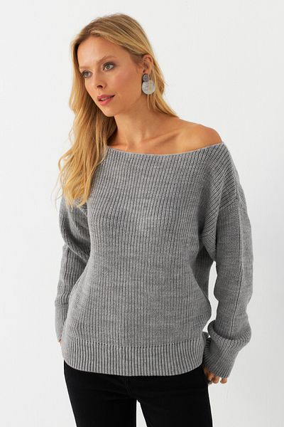 Cool & Sexy Women's Gray Boat Neck Sweater Ayd392