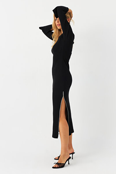 Cool & Sexy Kadın Siyah Fermuarlı Yırtmaçlı Kaşkorse Midi Elbise EY2990