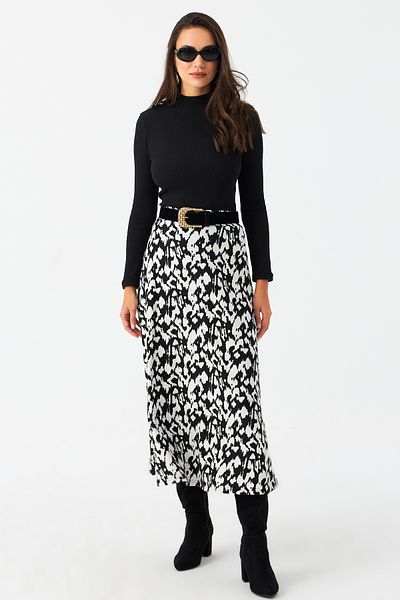 Cool & Modest Ecru-Black Patterned Women's Bell Skirt Mlon3007