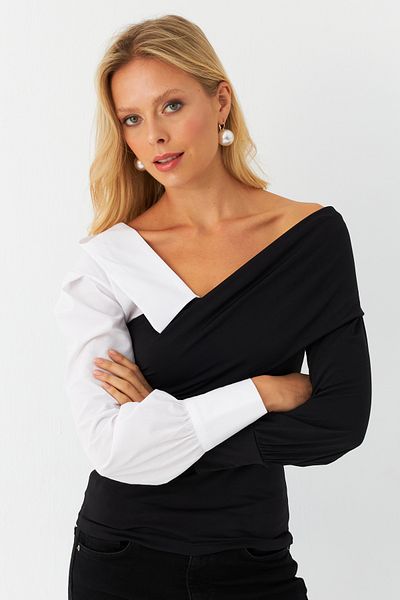 Cool & Sexy Bluză de damă cu piept dublu alb-negru LİK8