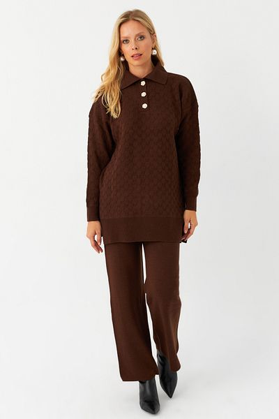 Cool & Modest Brown Pearl Button Knitwear Set - Mnuv33
