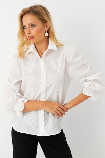 Cool & Modest Cămașă albă cu broderie pentru femei MQS1908