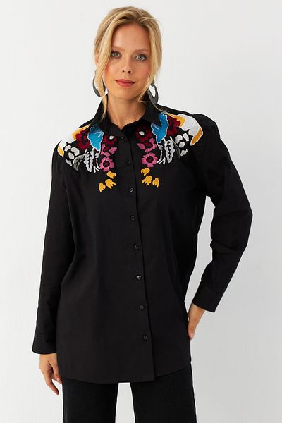 Cool & Modest Cămașă neagră cu broderie pentru femei MQS0063