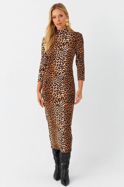 Cool & Modest Γυναικείο Midi φόρεμα Camel-Black με σχέδιο - MLPP400