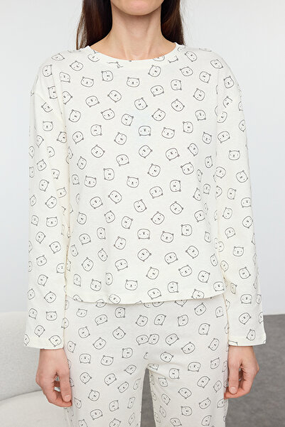 Trendyol Collection 100% bavlna Ecru pletená souprava na spaní s medvídkem - Thmaw25Pt00131