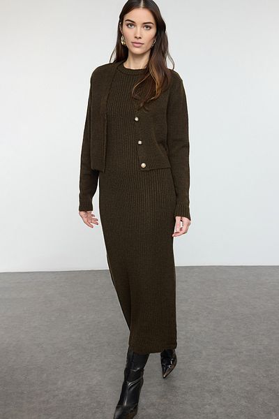 Trendyol Modest Dark Khaki Corduroy Soft Textured Knitwear Dress Cardigan Suit Tctaw25Us00049