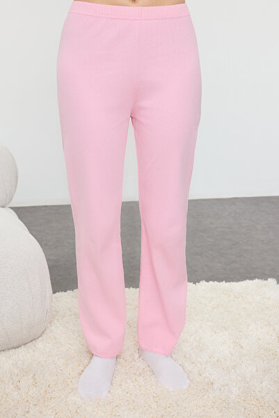 Trendyol Collection Bordás kötött pizsama szett rózsaszín pamut csipkével és szalag/masni részletekkel THMAW25PT00206