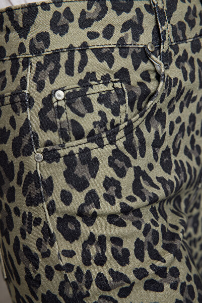 Trendyol Collection Leopard Patterned Khaki Jeans - High Waist - Wide Leg Jeans