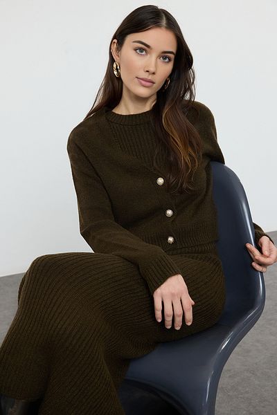 Trendyol Modest Dark Khaki Corduroy Soft Textured Knitwear Dress Cardigan Suit Tctaw25Us00049