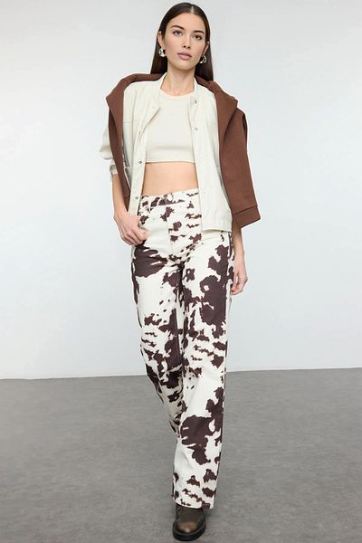 Trendyol Collection Többszínű tehénmintás magas derekú, széles lábú farmernadrág TWOAW25JE00382