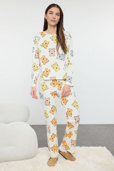 Trendyol Collection Ecru pletená sada pyžama s medvídkem - 100% bavlna Thmaw25Pt00184