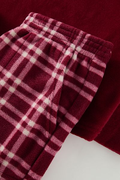 Edit by Trendyol Burgunderfarbenes Fleece-Pyjama-Set mit Karomuster TEDAW25PT00035