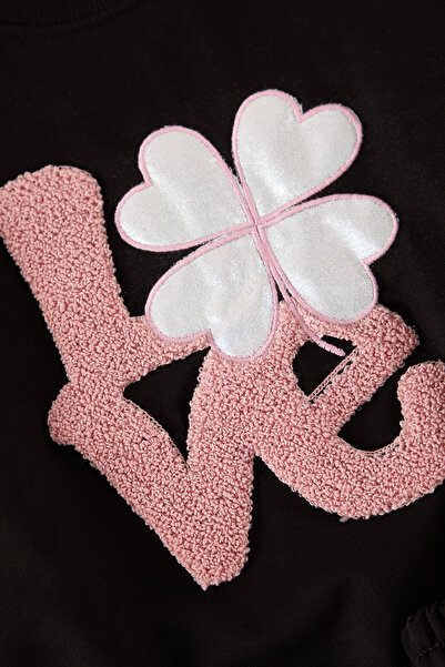 TRENDYOLKIDS Μαύρο θηλυκό παιδικό βαμβακερό σλόγκαν με στάμπα πλεκτό φούτερ Φούτερ κάτω-κορυφή Σετ TKDAW25AU00027