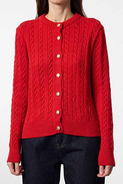 Trendyol Collection Prémium piros kötött kardigán - kötött részletekkel, kabát megjelenés TWOAW25HI00229