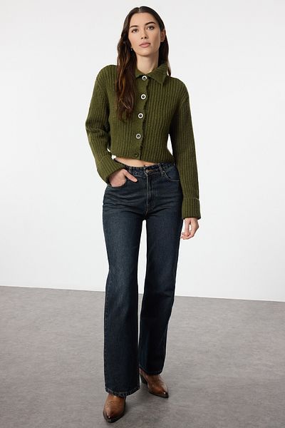 Trendyol Collection Soft Textured Khaki Knitwear Crop Cardigan - Stand Collar Twoaw22Hi0174