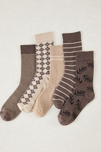 Edit by Trendyol Braune, gemusterte, strukturierte, lange Socken aus Baumwolle im 5er-Pack für Unisex