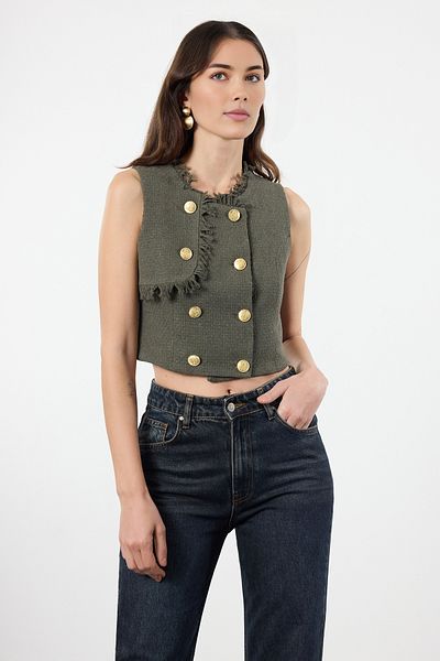 Trendyol Collection Tweed Woven Khaki Vesta - Zapínání, Twoaw24Ye00062