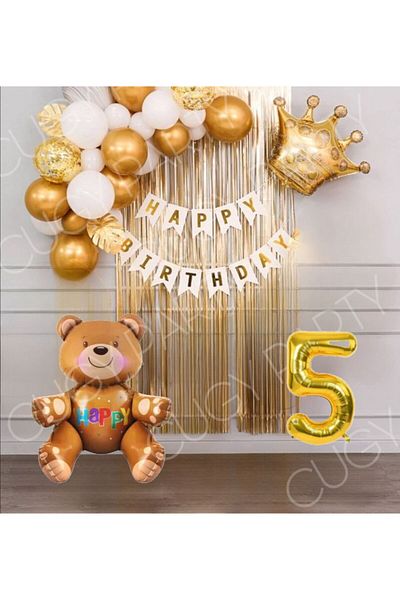 CUGY Birthday Special Day Celebration Party Set with Teddy Bear Figure, Gold & White Colors, Age Options