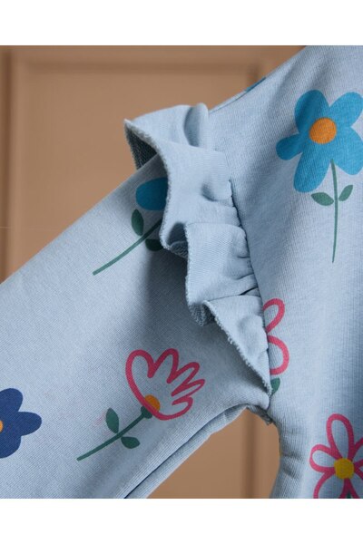 Lolliboomkids Yeni Sezon Kız Çocuk 3 İplik Kumaş Çiçek Baskılı İspanyol Paça Fitilli Tayt Alt Üst Takım