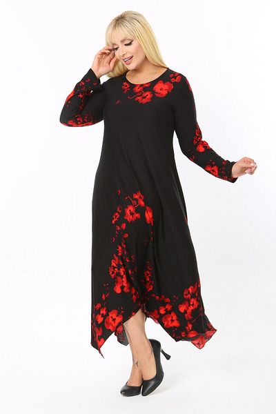 MELSAY Long Sleeve Asymmetrical Poppy Patterned Women's Dress