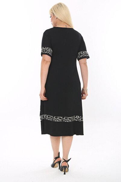 MELSAY Γυναικεία μαύρη κοντομάνικη φούστα με καρό ριγέ μοτίβο Plus Size Midi φόρεμα