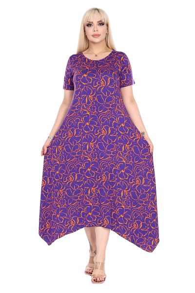 MELSAY Women's Short Sleeve Purple Print Asymmetrical Cut Plus Size Dress