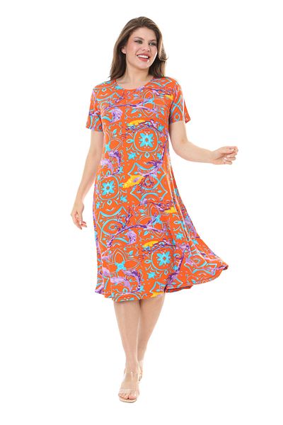 MELSAY Women's Large Size Short Sleeve Orange Retro Print Midi Dress