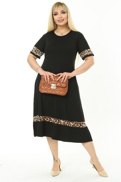 MELSAY Γυναικεία μαύρη κοντομάνικη φούστα Little Leopard Stripe Plus Size Midi φόρεμα