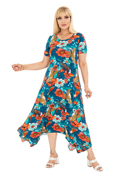 MELSAY Rochie asimetrică cu mânecă scurtă cu model papagal verde