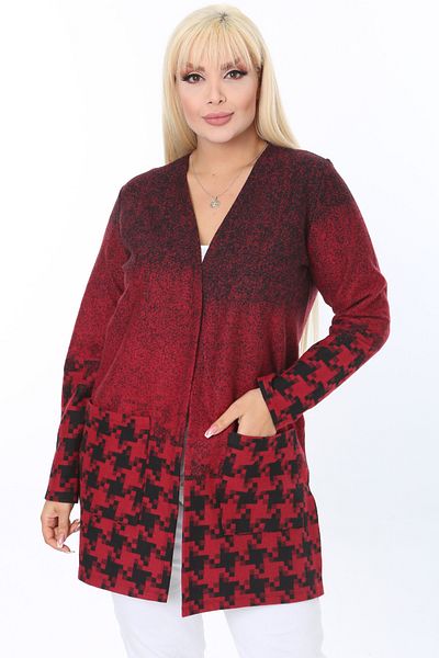 MELSAY بالإضافة إلى حجم سترة حمراء محبوكة نمط Houndstooth التعشيق قصيرة
