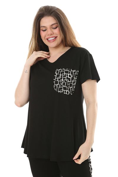 MELSAY Women's Black Checkered Pocket Short Sleeve Elastic Waist Large Size Bottom-Top Set