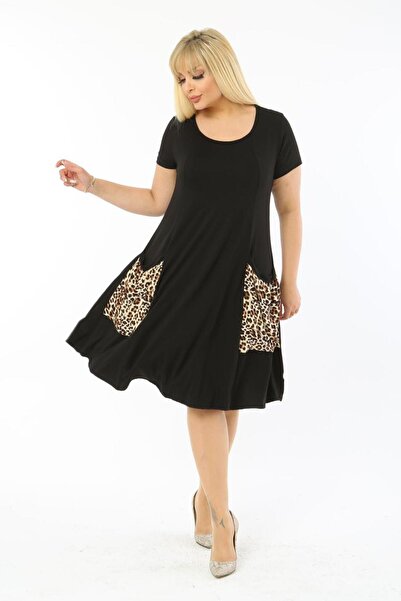 MELSAY Women's Short Sleeve Black Leopard Pattern Balloon Pocket Detailed Dress