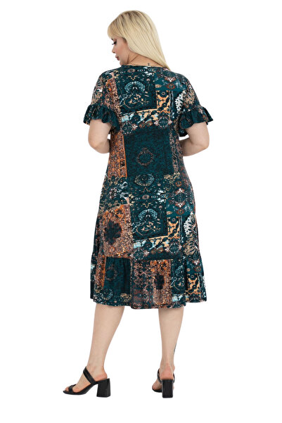 MELSAY Petrol Ethnic Pattern Pocket Ruffle Short Sleeve Women's Midi Dress