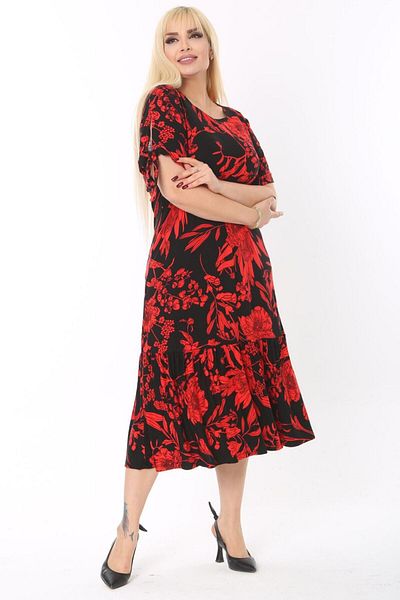 MELSAY Women's Plus Size Sleeves Rope Tie Red Leaf Pattern Dress