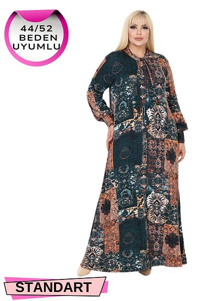 MELSAY Πράσινο Ethnic Print - Μακρυμάνικο Hijab Φόρεμα με λαιμόκοψη