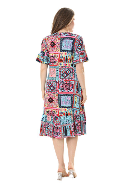 MELSAY Γυναικείο φόρεμα με βολάν με κοντό μανίκι μπλε πλακάκι