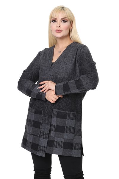 MELSAY Plus Size Anthracite Checked Interlock Knitted Short Cardigan