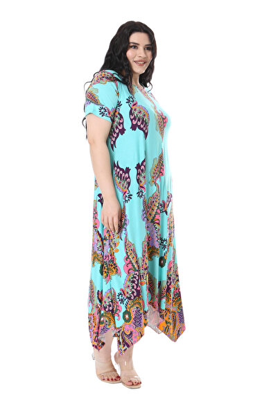 MELSAY Turquoise Shawl Pattern - Short Sleeve Asymmetrical Women's Dress