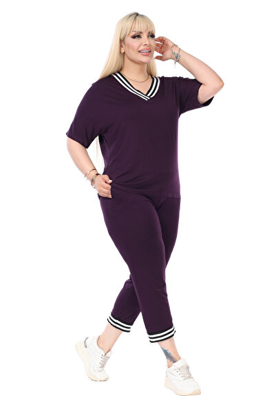 MELSAY Γυναικείο κοστούμι κάπρι με μωβ λαιμόκοψη με λεπτομέρεια κοντό μανίκι ελαστική μέση