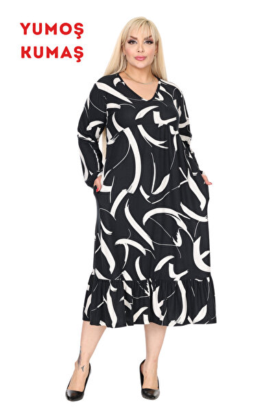MELSAY Women's Black Winter Plus Size V Neck White Feather Pattern Robe Dress