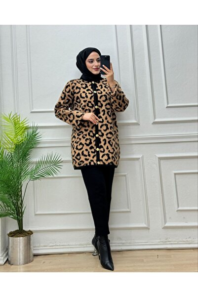 POLANGEL Cardigan de lână maro cu model leopard pentru femei