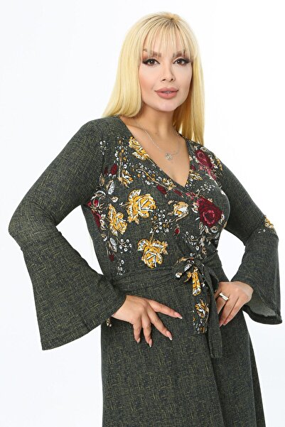 MELSAY Women's Plus Size Crepe Double Breasted Collar Green Flower Pattern Flywheel Sleeve Long Dress