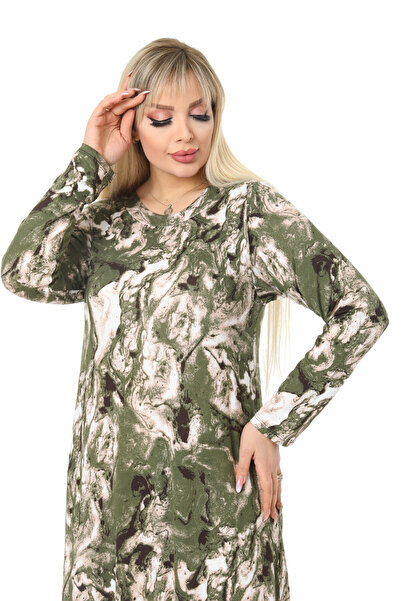 MELSAY Kadın Büyük Beden Yeşil Batik Desen Uzun Kol Viskon Tesettür Elbise