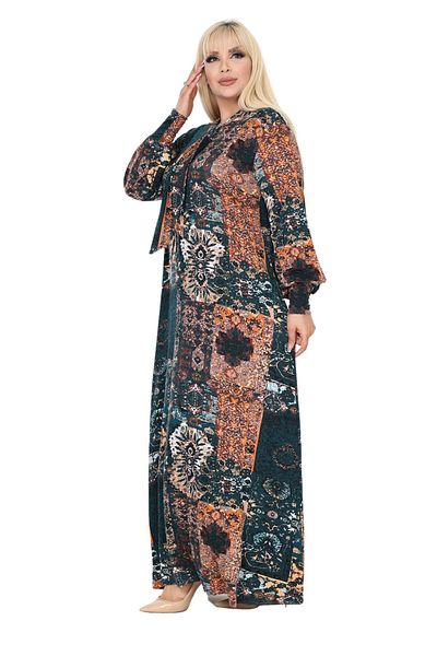 MELSAY Πράσινο Ethnic Print - Μακρυμάνικο Hijab Φόρεμα με λαιμόκοψη