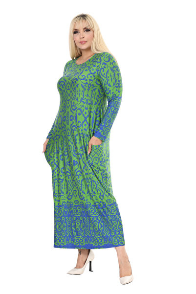 MELSAY Women's Green Blue Kilim Pattern Long Sleeve Pocket Long Dress