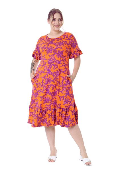 MELSAY Plus Size Orange Purple Print Dress with Ruffles and Pockets