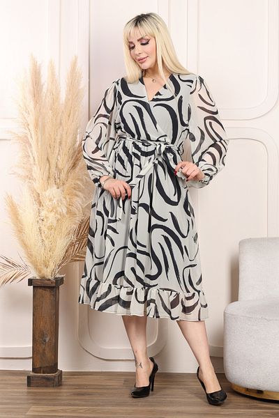 MELSAY Women's Cream Plus Size Double Breasted Collar Long Sleeve Chiffon Dress