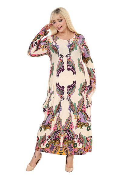 MELSAY Women's Beige Shawl Pattern Long Sleeve Pocket Long Dress